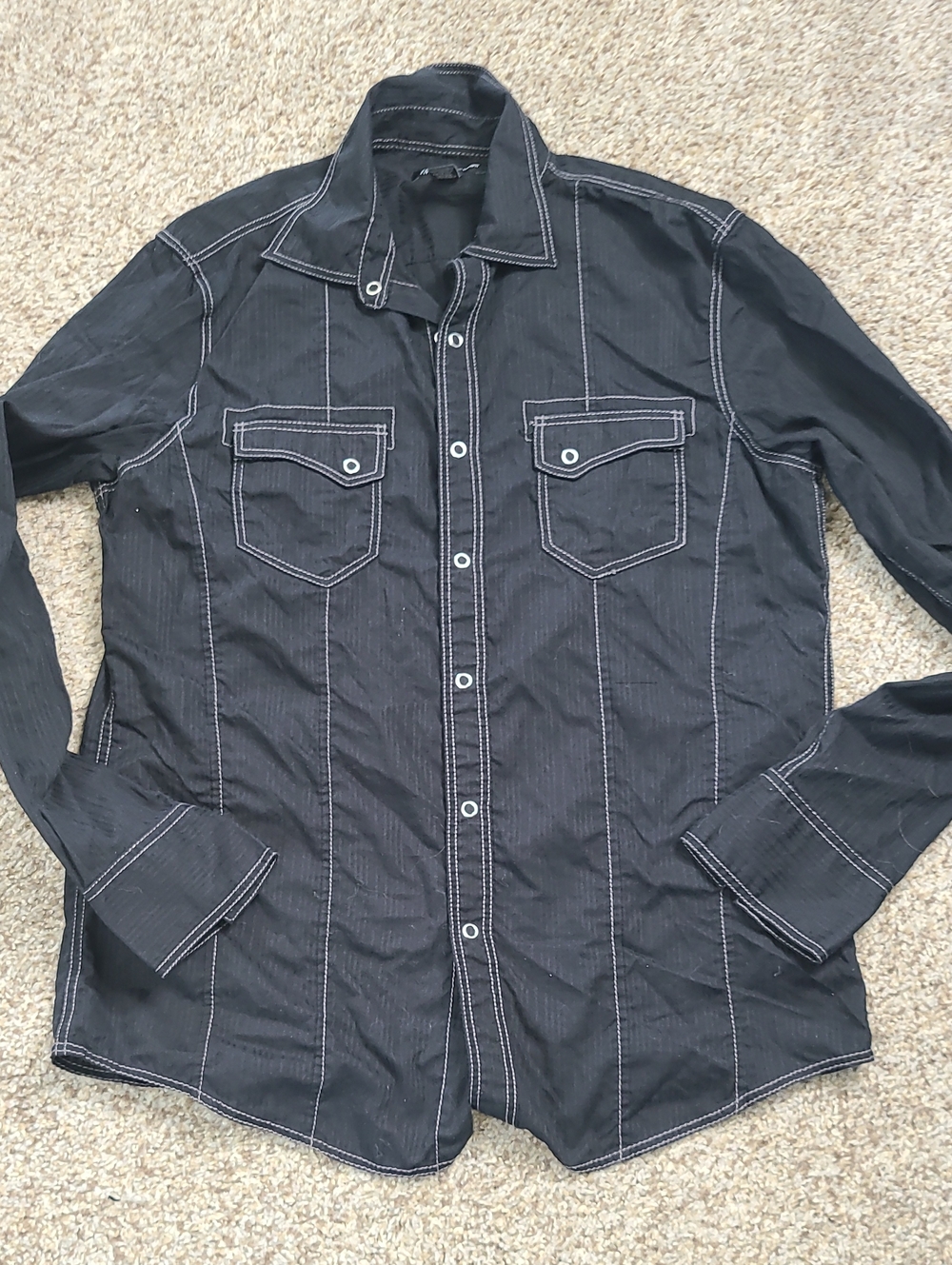 INC International Concepts Black Button-Down Shirt with White Contrast Stitching